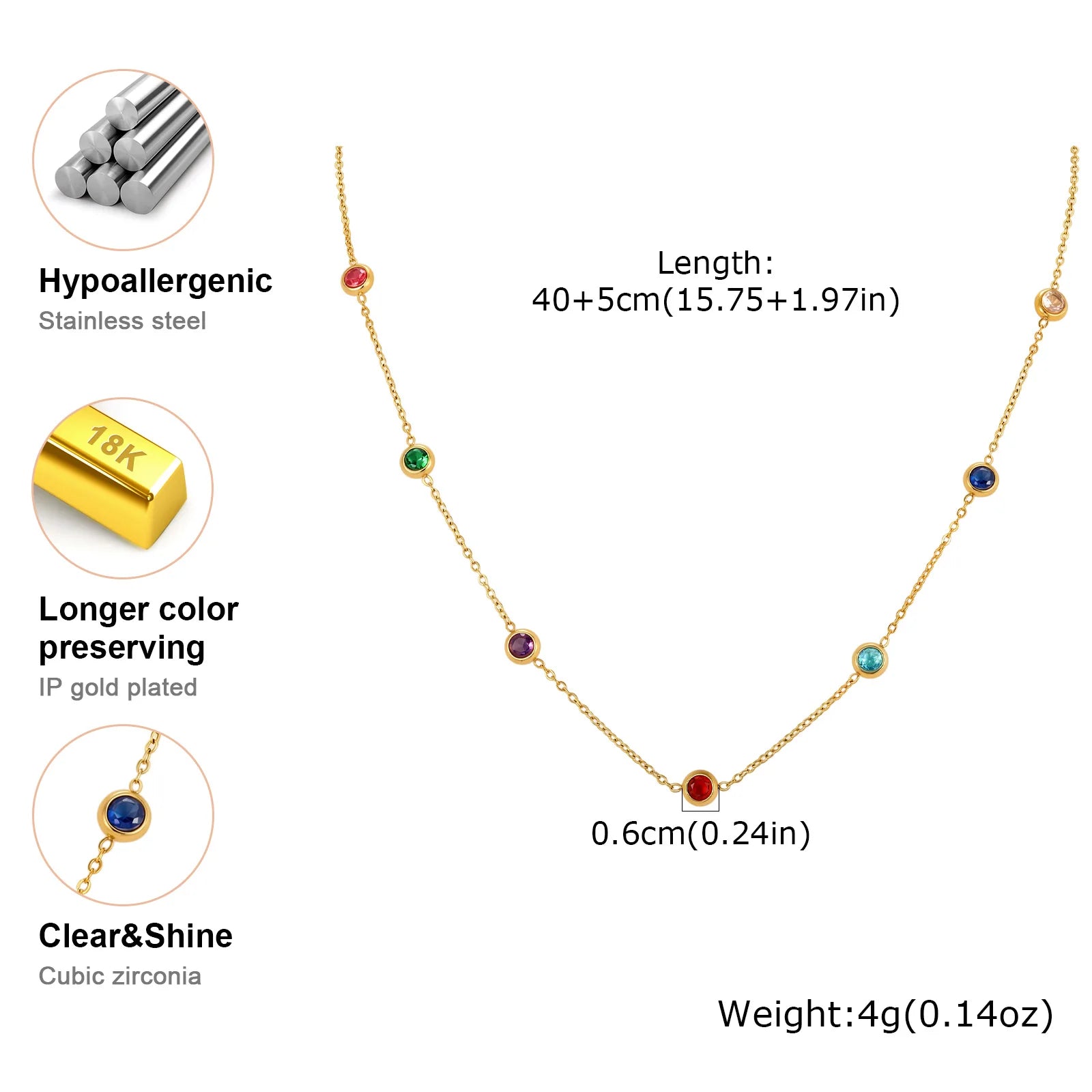 Dainty Colorful CZ Station Choker Necklace, Womne's Gold Plated Stainless Steel Cha additional angle