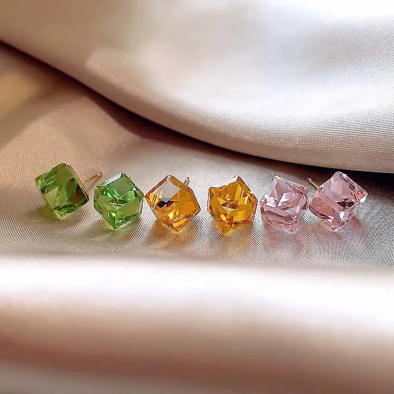 2025 New Shiny Crystal Square Stud Earrings for Women Sweet Colorful Zircon Geometric Piercing Earri