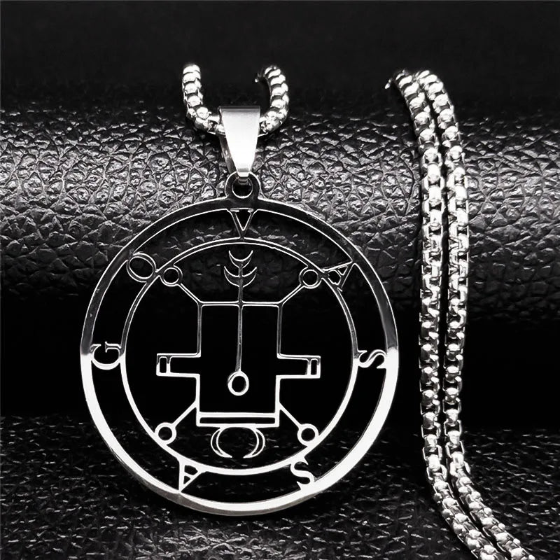 Sigeal Sigil De Lucifer Stainless Steel Satan Necklace | Asmoday Key Baphomet Pendant close-up view