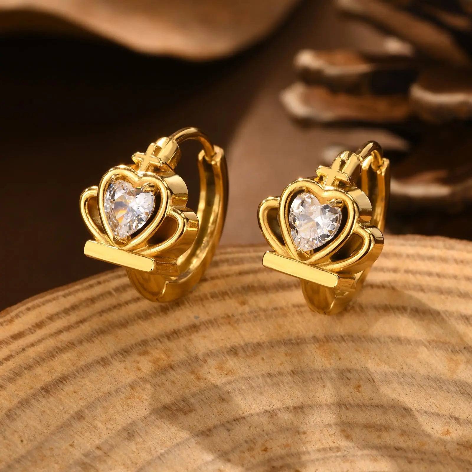 Heart-Shaped Zircon Earrings for Women | Stainless Steel Gold Hoop Earrings detail view