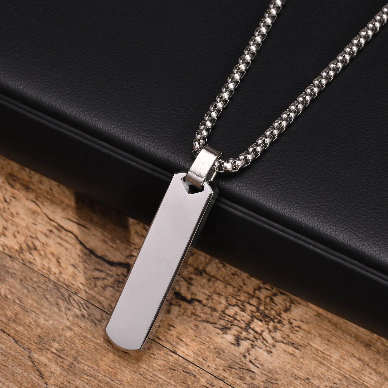 Custom Initials Bar Necklace for Men | Stainless Steel A-Z Pendant close-up view