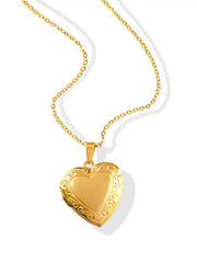 Vintage Carved Heart Photo Box Necklace, Gold-Plated Openable Heart Pendant, Fine Chai close-up view