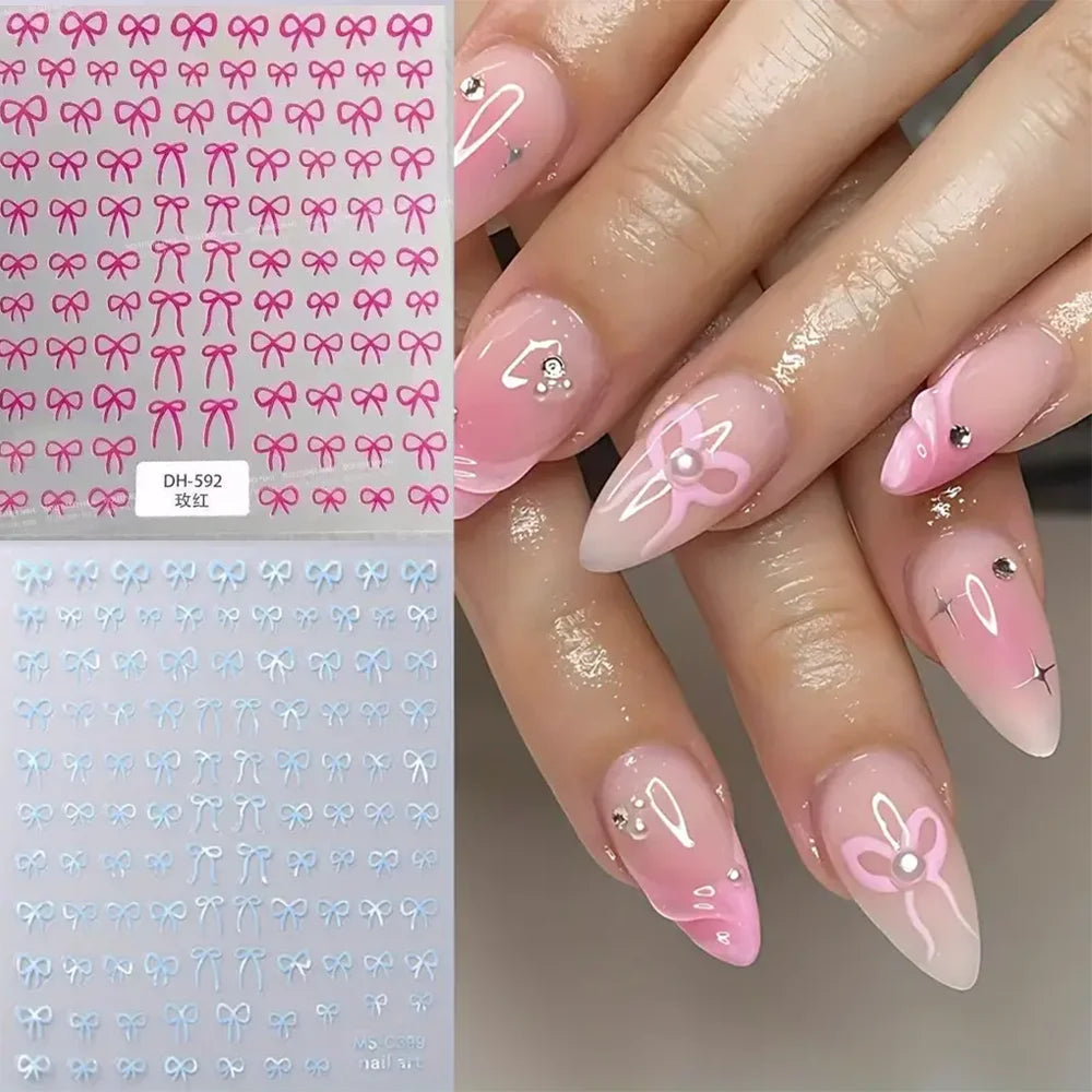 1/2pcs Black White Pink Mini Bowknot Design Nail Art Sticker Self Adhesive Lace Rib additional angle