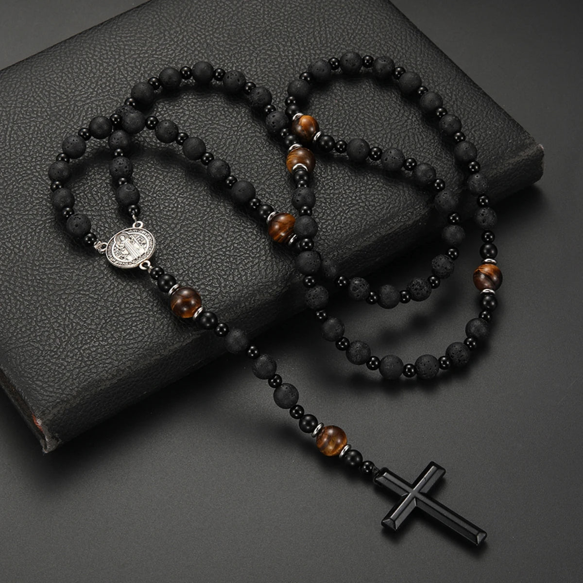 Lava Stone Black Obsidian Yellow Tiger-eye Beads Cross Pendant Y Necklace for Men detail view