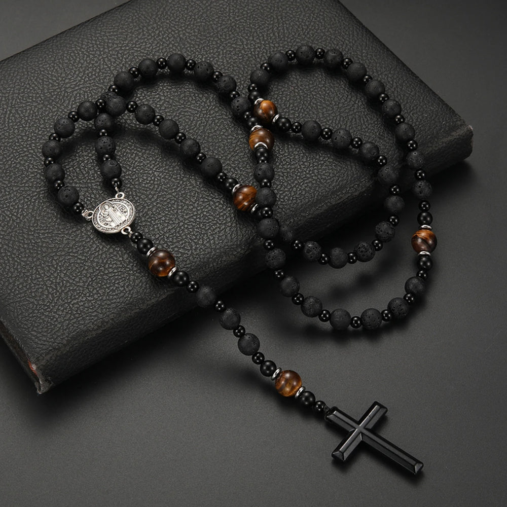 Lava Stone Black Obsidian Yellow Tiger-eye Beads Cross Pendant Y Necklace for Men detail view