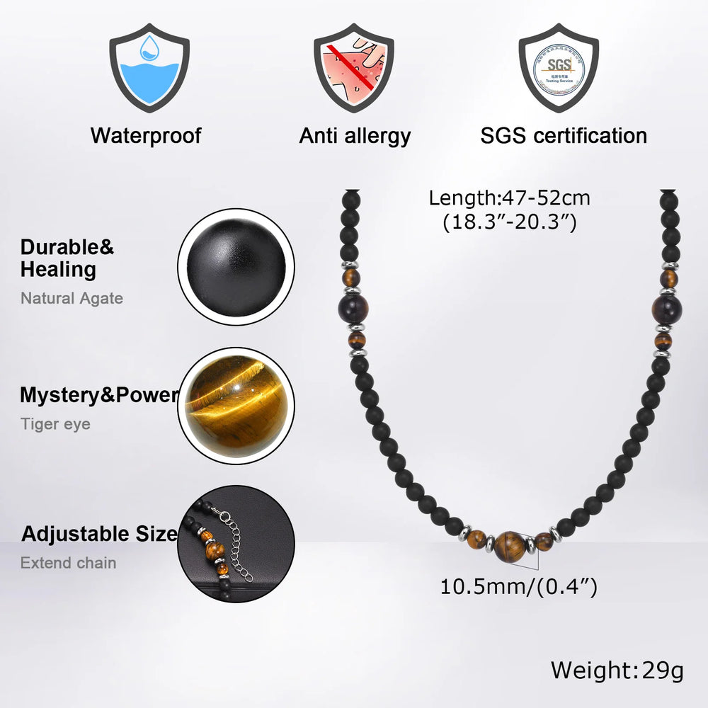 Casual Black Brown Beaded Necklace for Men | Summer Beach Tiger Eye Stone Jewelry additional angle
