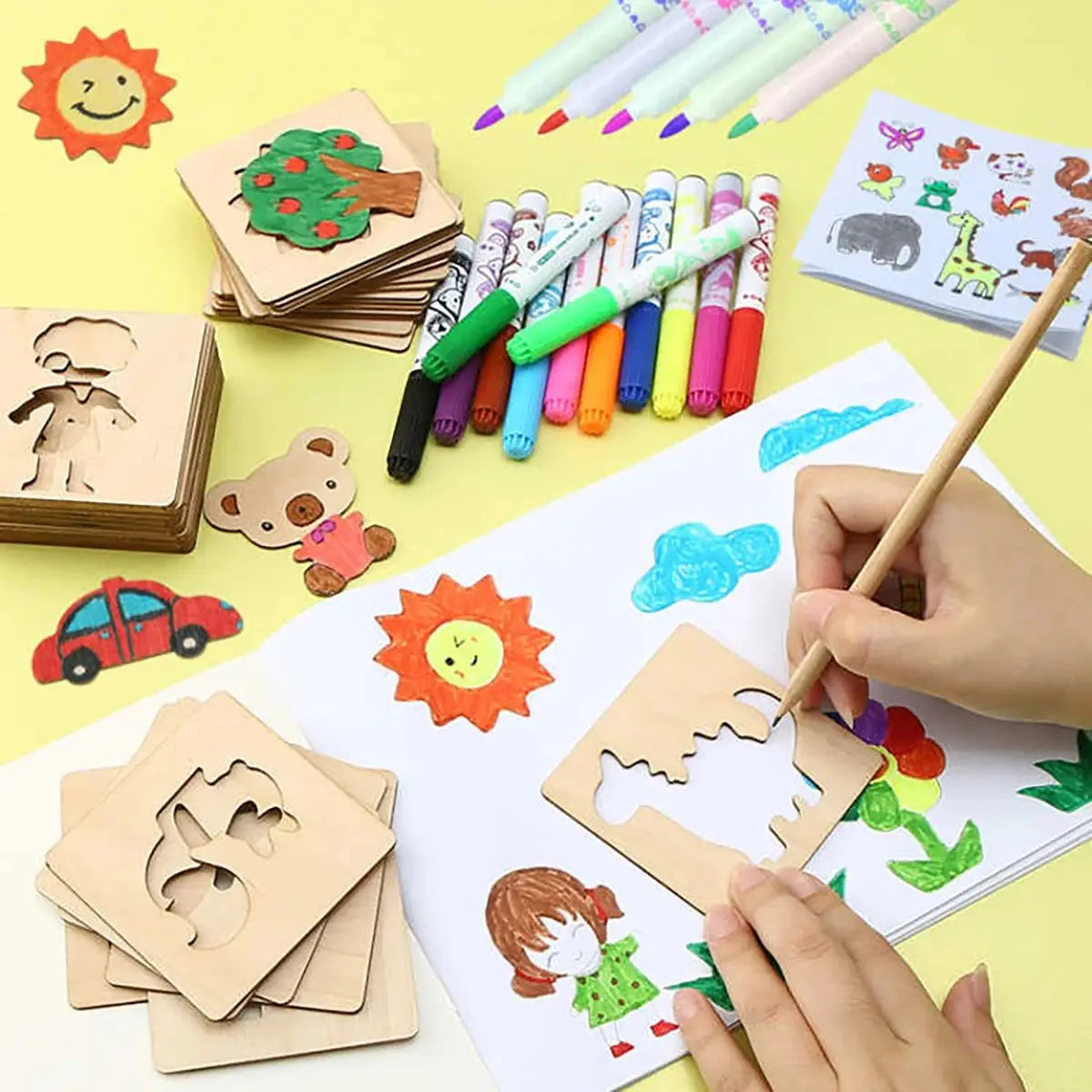 20pcs Montessori Kids Drawing Toys Wooden DIY Painting Template Stencils Learning E additional angle