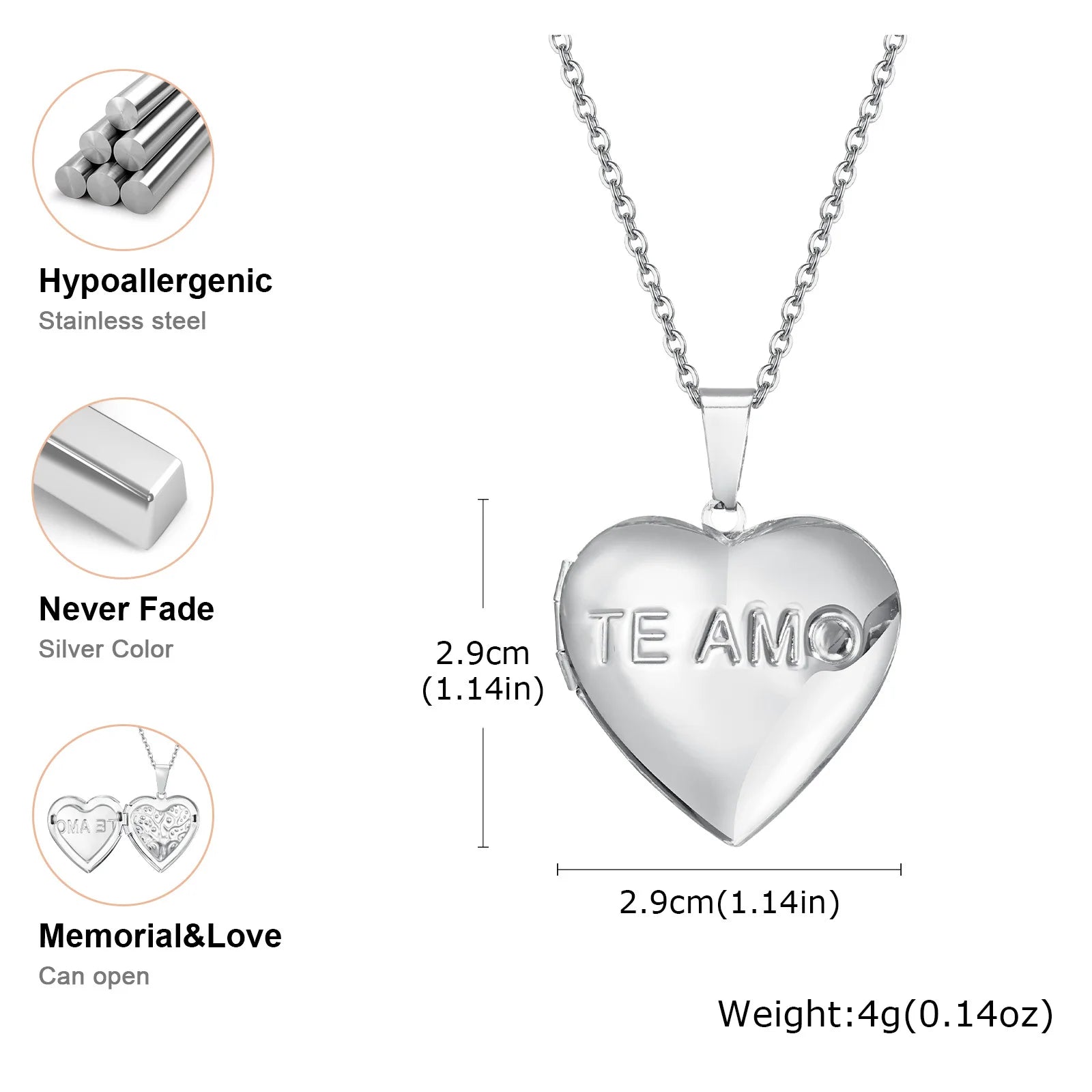 Vnox Never Fade Silver Color Stainless Steel Women Locket Pendant, Openable Heart Pend close-up view