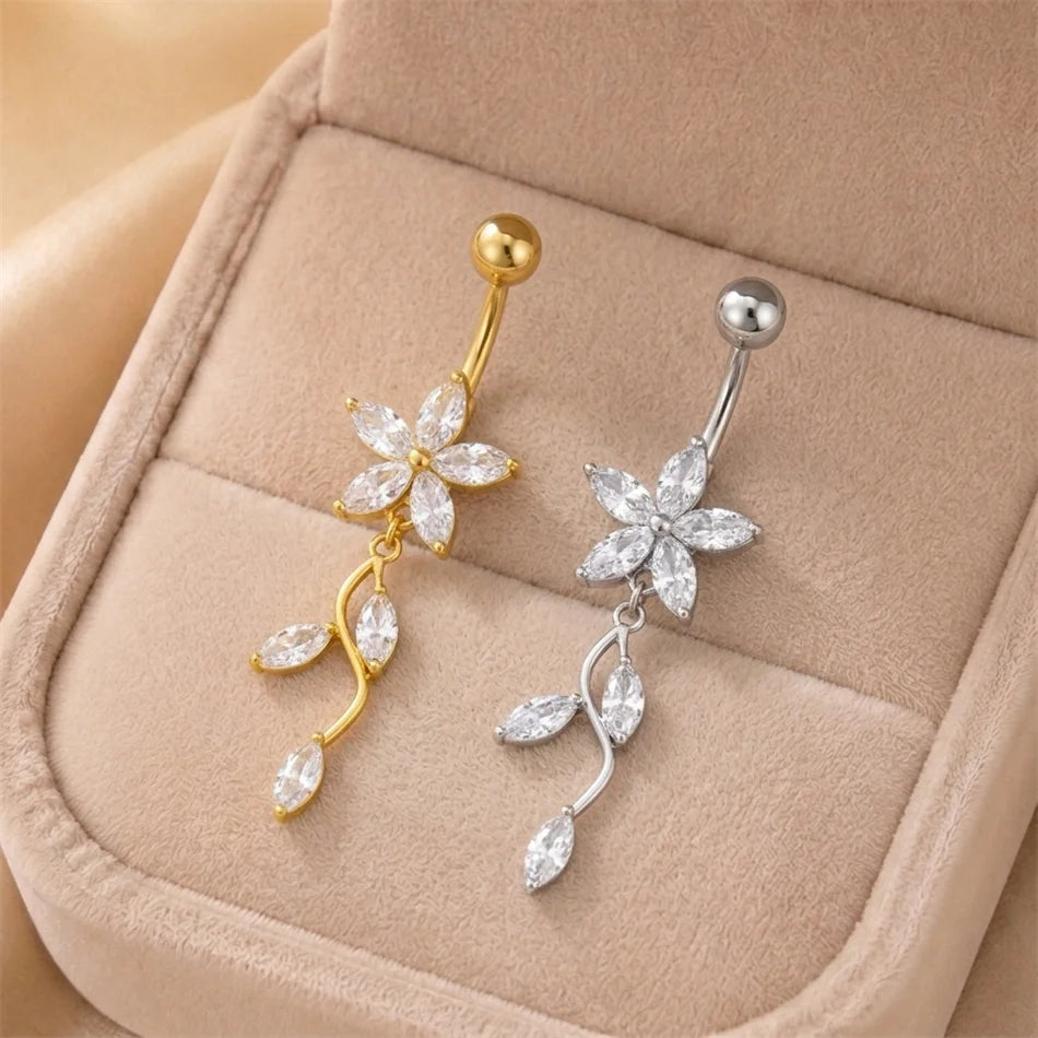 Stainless Steel Dangle Belly Button Ring Crystal Flower with Dangling Marquise Vine T alternate view