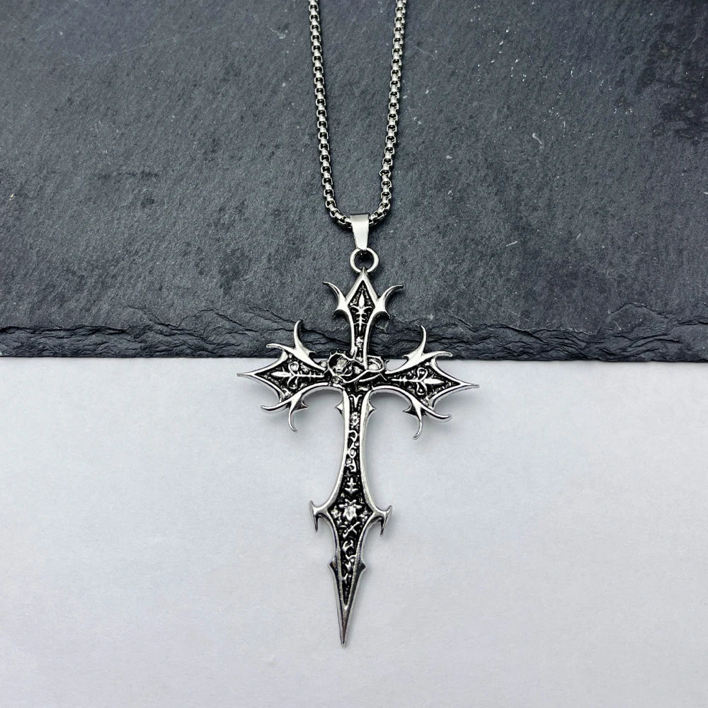 Gothic Double Sided Cross Pendant Necklace | Niche Hip Hop Punk Jewelry close-up view