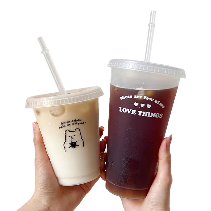 【Q】Water Bottle For Coffee Juice Milk Tea Kawaii Plastic Cold Cups With Lid Straw P additional angle