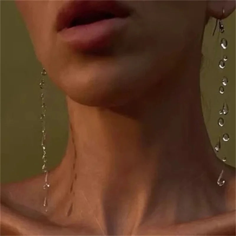 Simple Transparent Water Drop Clavicle Chain Thin Rope Beaded Tassel Earrings Necklac alternate view