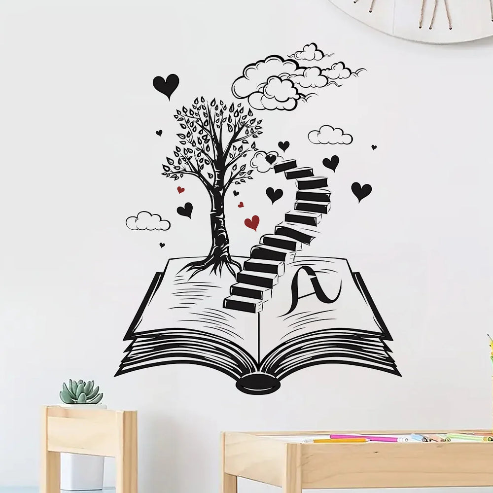 Wall Stickers for Living Room Bedroom | Creative Black Heart Book World Ladder Tree Wall detail view