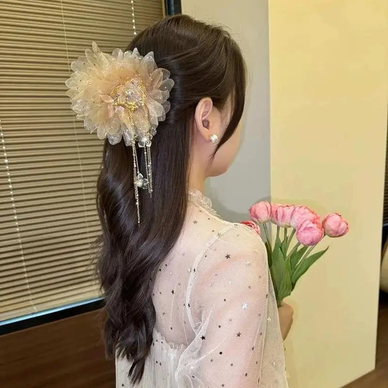 Fashion Flower Tassel Hair Clip For Women Girls Shark Ponytail Clip Headdress Temperament Headwear Hair Accessories Gifts