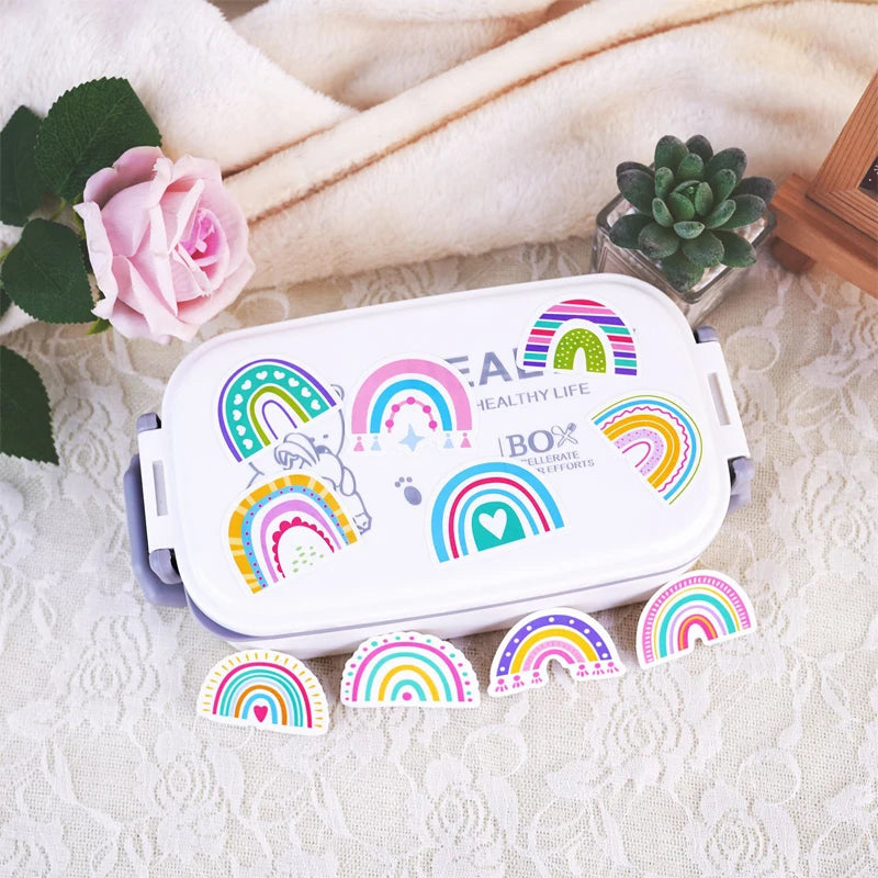Rainbow Vinyl Stickers for Water Bottles Laptop Cup Phone | 50 Pack Cute Decals close-up view
