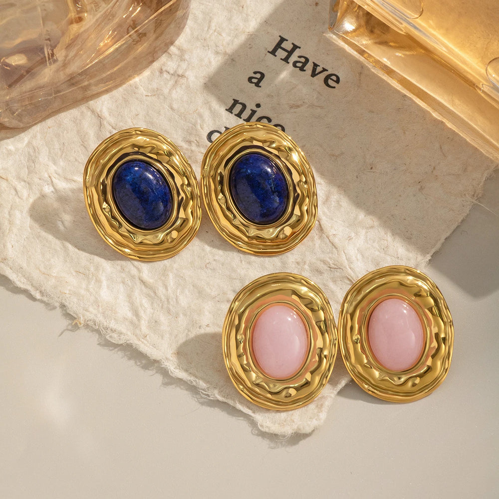Vintage Oval Stud Earrings | 18K Gold Plated Stainless Steel Natural Stone Jewelry alternate view