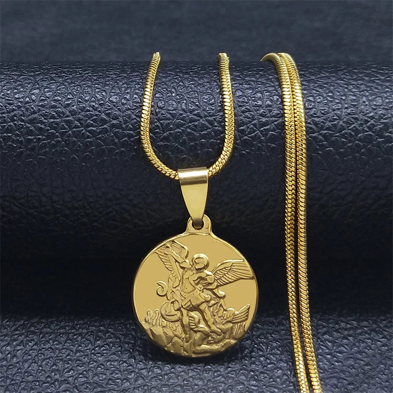 SAINT MICHAEL PROTECT US Archangel Stainless Steel Necklaces Chain Men/Women Gold Col alternate view