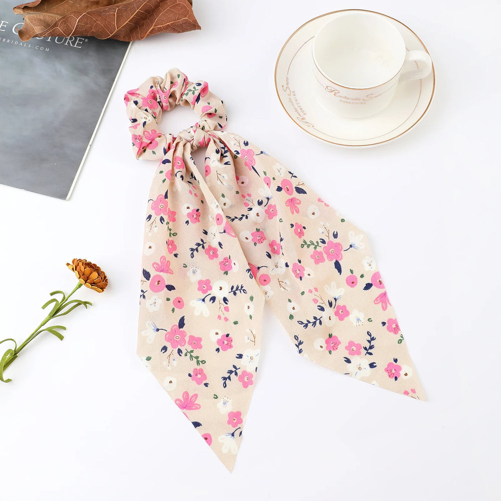Fashion Flower Print Bow Satin Long Ribbon Ponytail Scarf Tie Scrunchies Women Girl additional angle