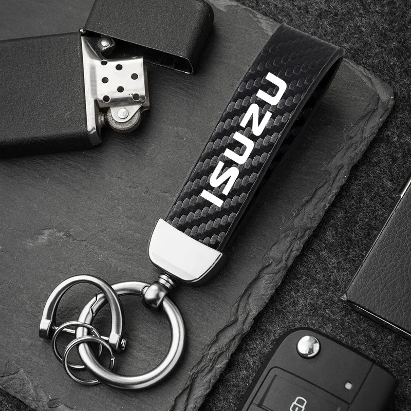 Isuzu Dmax Keychain with Microfiber Leather | Carbon Fiber Style Key Ring close-up view