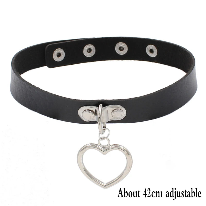 Gothic Bat Heart Lock Punk Choker | Black Leather Collar Necklace detail view