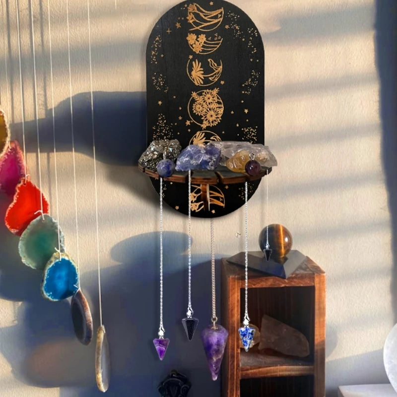 Wooden Crystal Shelf Display Stand | Bohemian Wall Rack for Stones and Jewelry close-up view