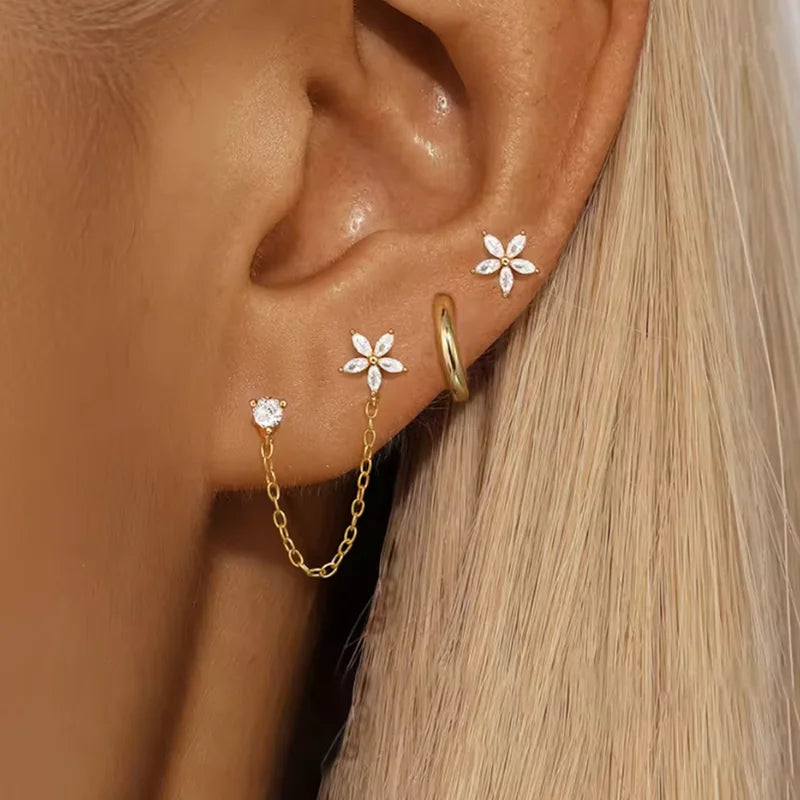 3PCS Stainless Steel Zircon Flower Star Ear Stud Earrings Set 14K Gold Plated Chain Cartilage Pierci