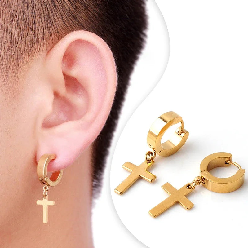2pc Stainless Steel Men Cross Stars Punk Dangle Earrings Gothic Woman Cross Ear Hoop E close-up view