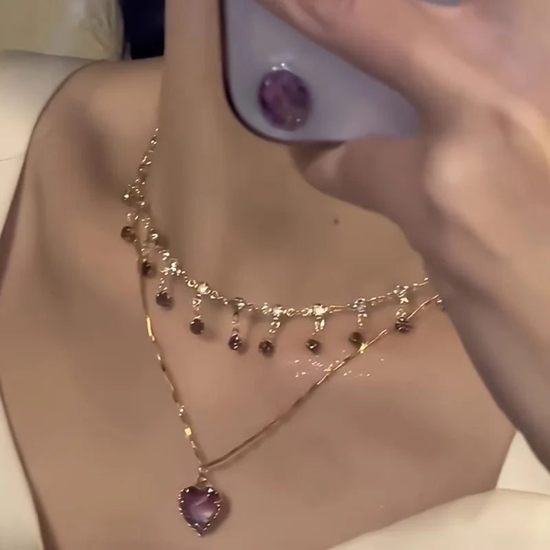Elegant Women's Double Layer Heart Pendant Necklace | Synthetic Zirconia Collarbone Jewe detail view