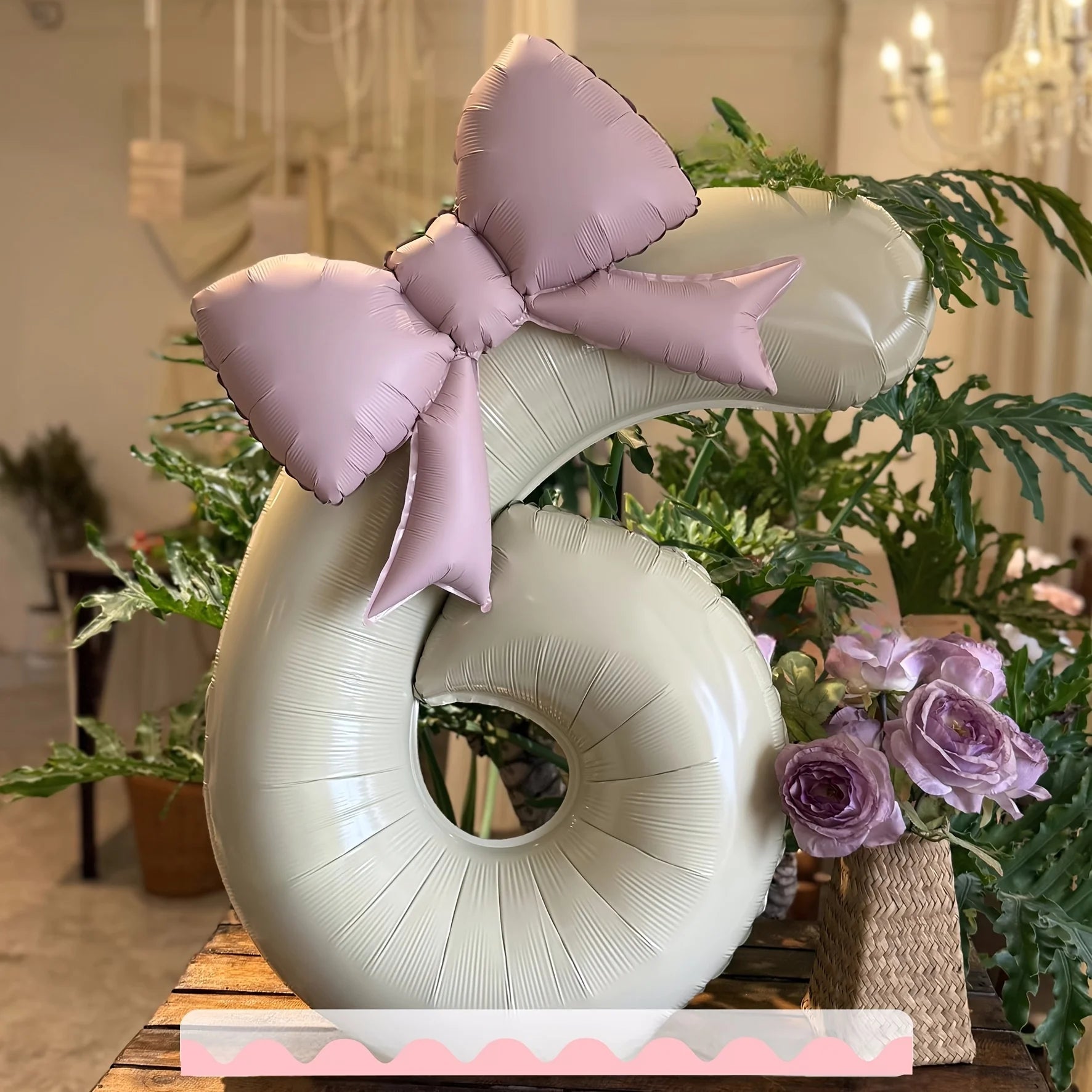 2 Pcs 32 Inch Cream Digital Balloon Set with Pink Bow | Aluminum Foil Party Decor lifestyle view