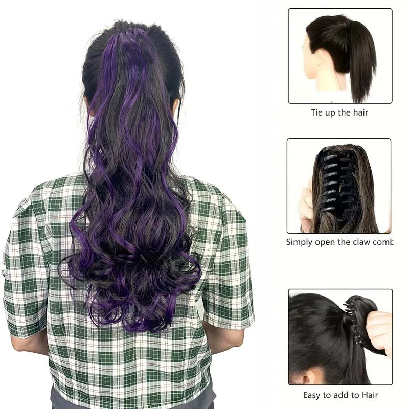 Synthetic 20Inch Long Curly Ponytail Claw Clip in Hair Extension Mixed Red Purple H additional angle