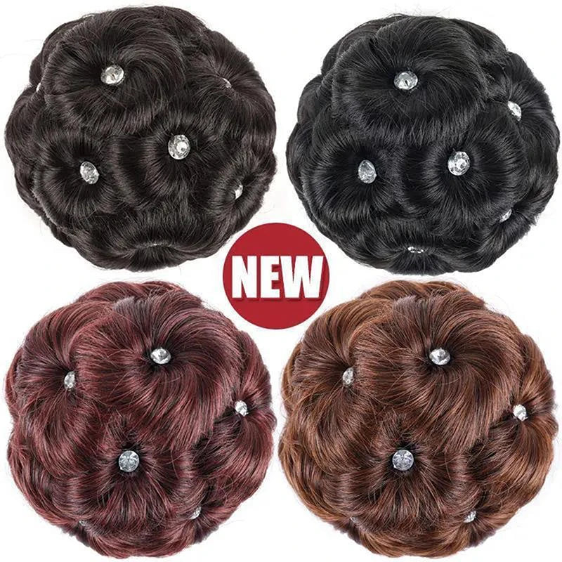 Synthetic Hair Bun Bud Hair Clips With Rhinestones Colorful Shiny For Women Ponytail C close-up view