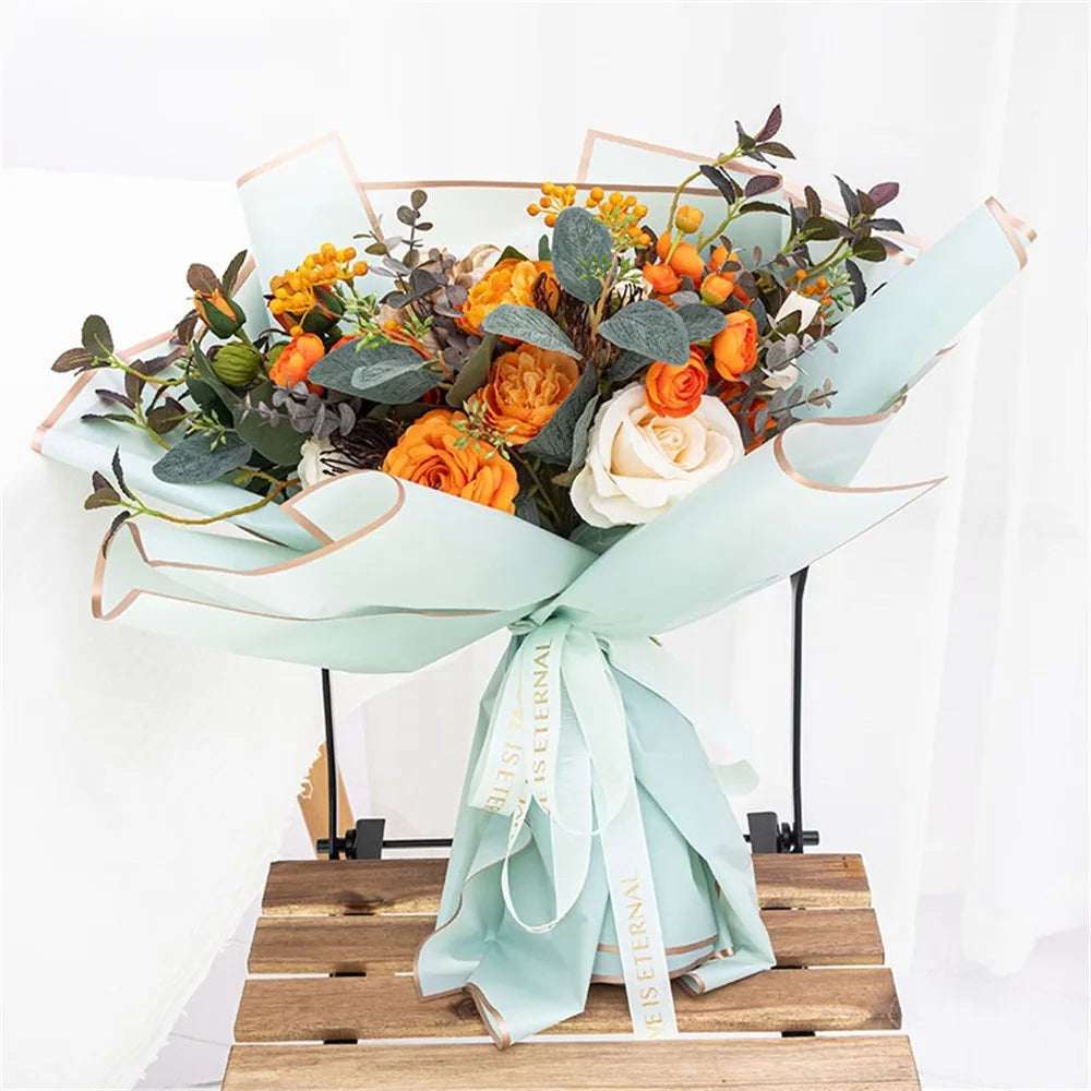 Golden Border Rose Wrapping Paper 5 Pack | Half Transparent Korean Style Gift Packing close-up view