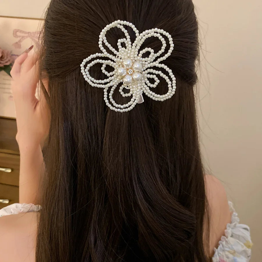 New Vintage Rhinestone Pearl Flower Hair Clip Fashion Versatile Back Head Duckbill Clip High Grade Hair Accessories For Women