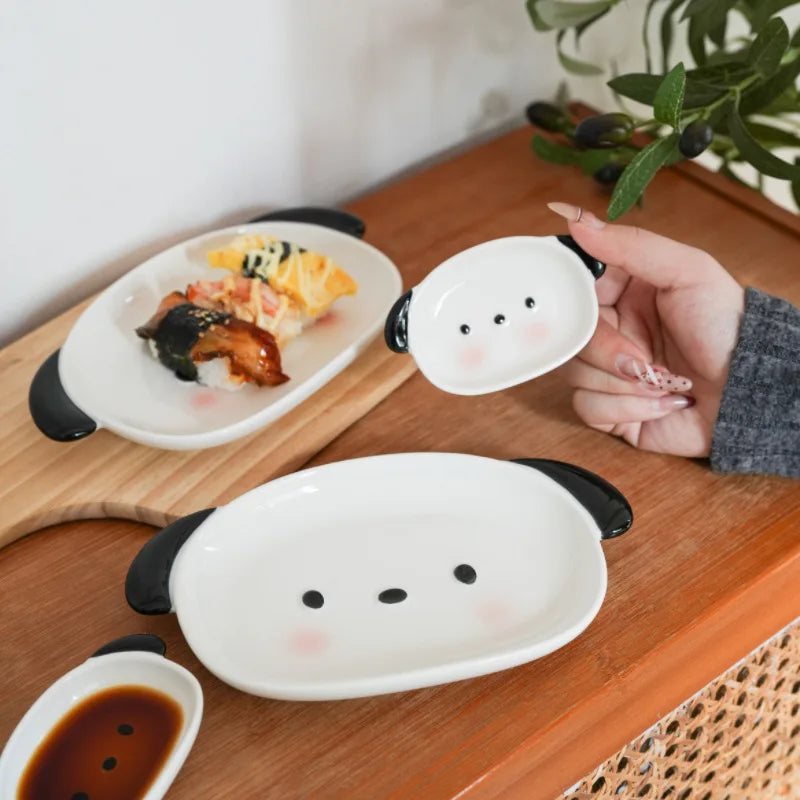 Cute Puppy Shaped Sushi Plate and Dipping Dish Set | 8 Inch Oval Ceramic Dinnerware