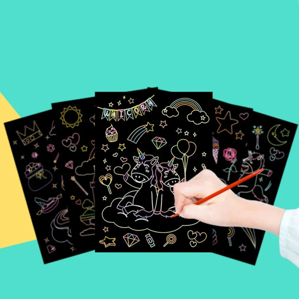 Magic Rainbow Color Scratch Art Painting Paper Card Kit Cartoon Drawing Board Coloring close-up view
