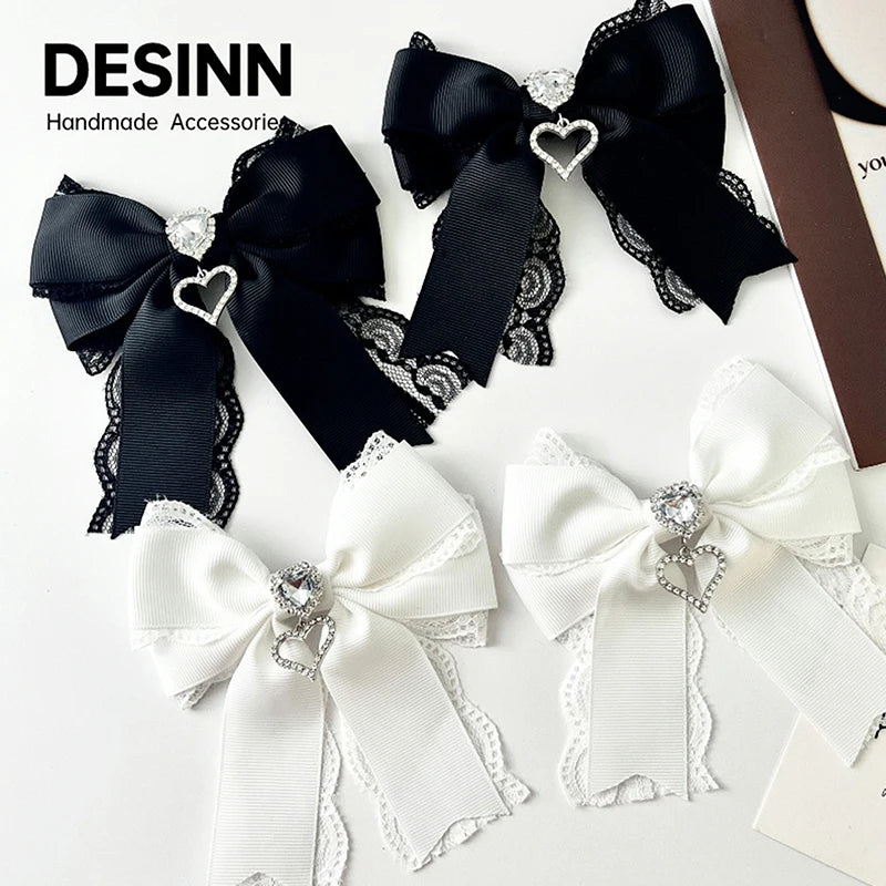 Women's Lace Bow Tie Brooches Hairclip Heart Shape Rhinestone Pendant Lolita Skirt Ac alternate view