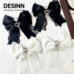 Women's Lace Bow Tie Brooches Hairclip Heart Shape Rhinestone Pendant Lolita Skirt Ac alternate view
