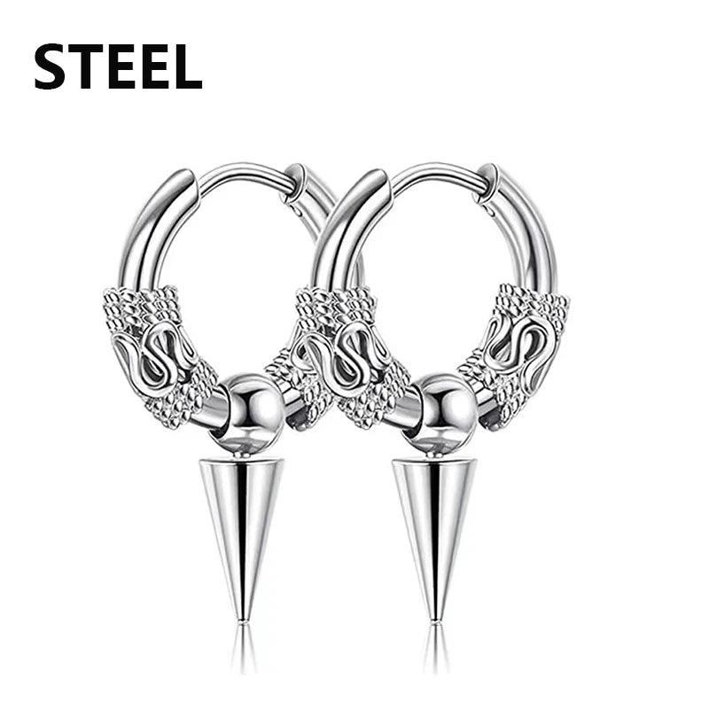 2PC Punk Men's Stainless Steel Hoop Earrings For Women Hip Hop Totem Earring For Me additional angle