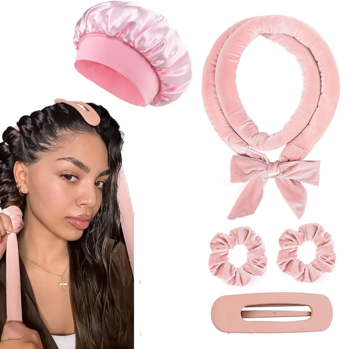 Velvet Heatless Hair Curlers Headband Kit No Heat Curls Tool + Satin Sleep Cap + Hair close-up view