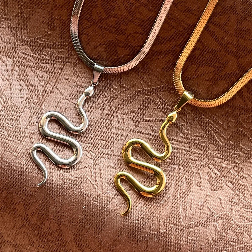 Flat Snake Chain Snake Pendant Necklace | Stainless Steel Choker Jewelry for Women detail view