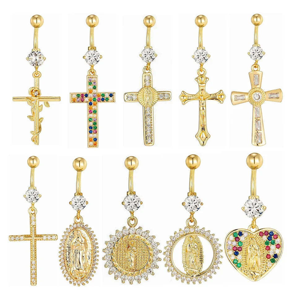 Internal Thread Titanium Navel Rings Dangle CZ Cross Jesus Mother Golden Belly Piercing Jewelry Luxu
