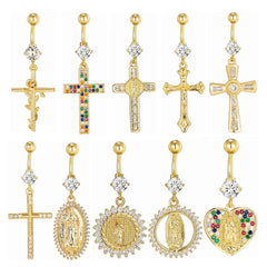 Internal Thread Titanium Navel Rings Dangle CZ Cross Jesus Mother Golden Belly Piercing Jewelry Luxu