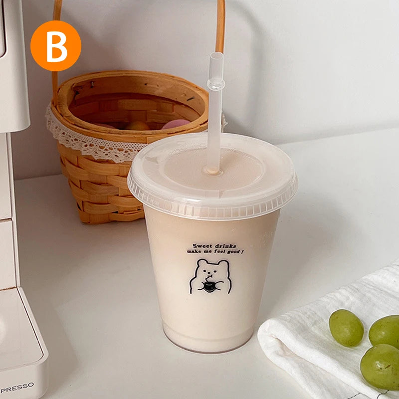 【Q】Water Bottle For Coffee Juice Milk Tea Kawaii Plastic Cold Cups With Lid Straw Por alternate view