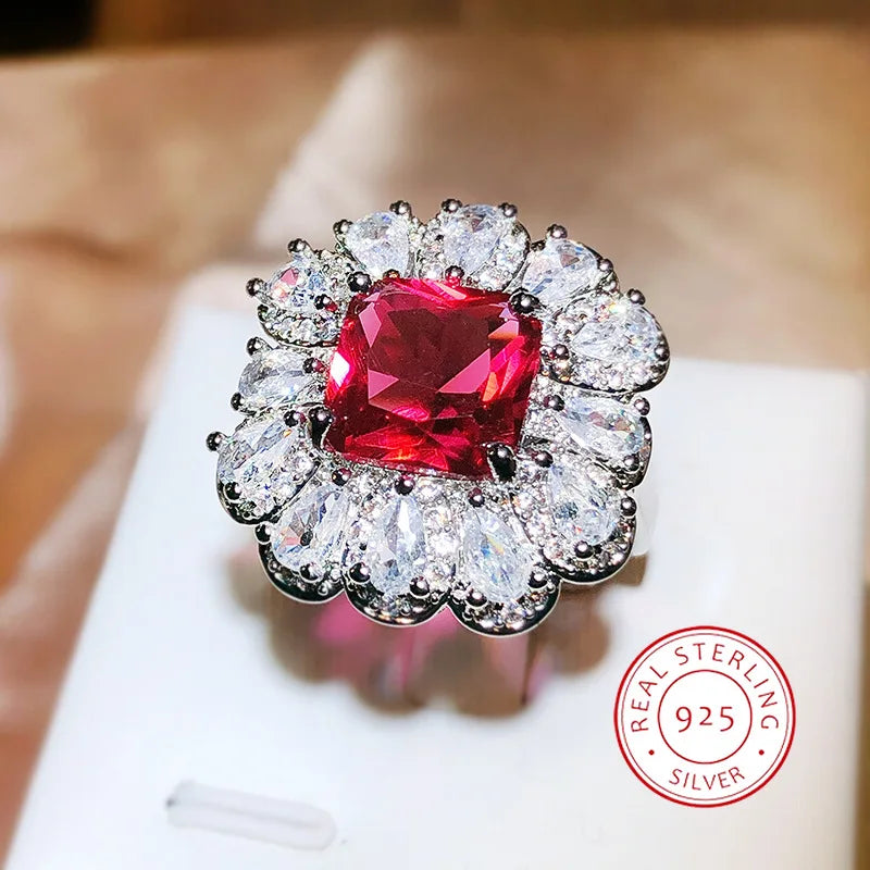Fashion Red Zircon Paraiba Ring 925 Silver Simple Geometry Zircon Ring For Women Party Wedding Brida