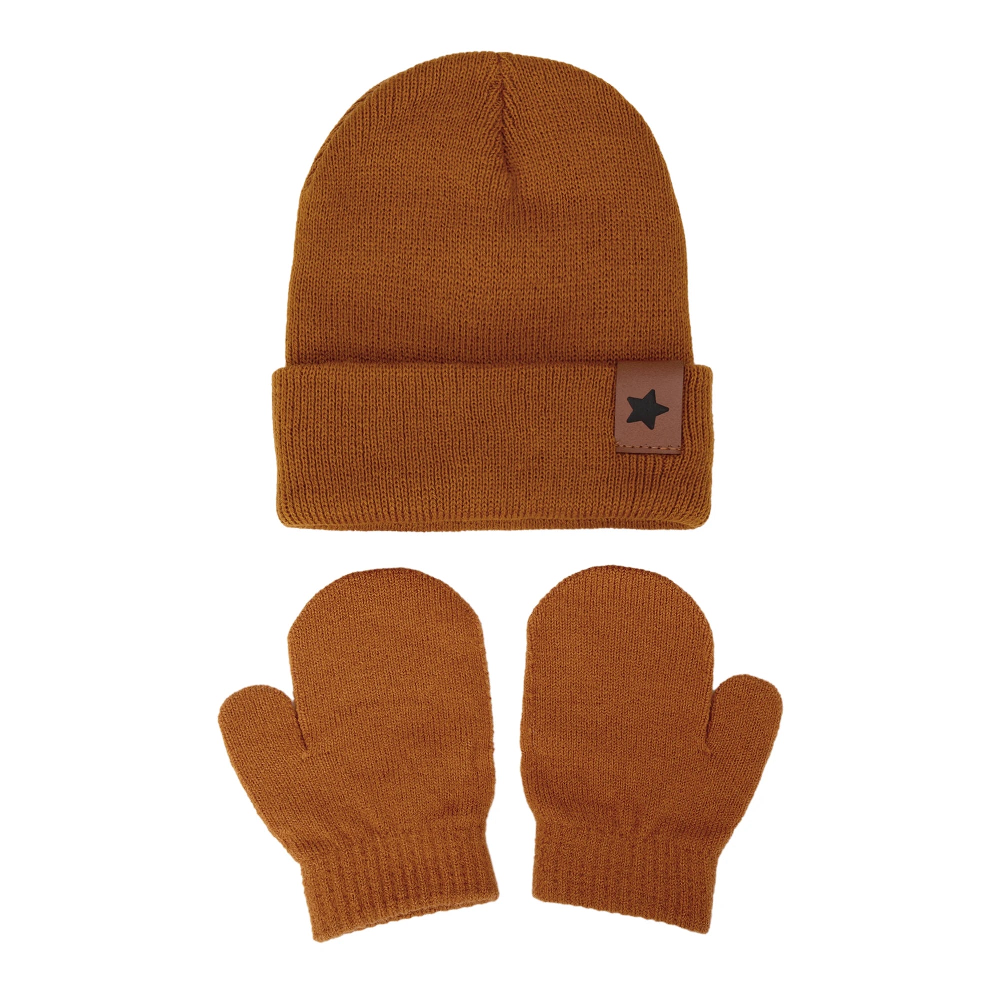 Baby Knitted Hat and Glove Set | Solid Winter Turban with Leather Star Tag close-up view