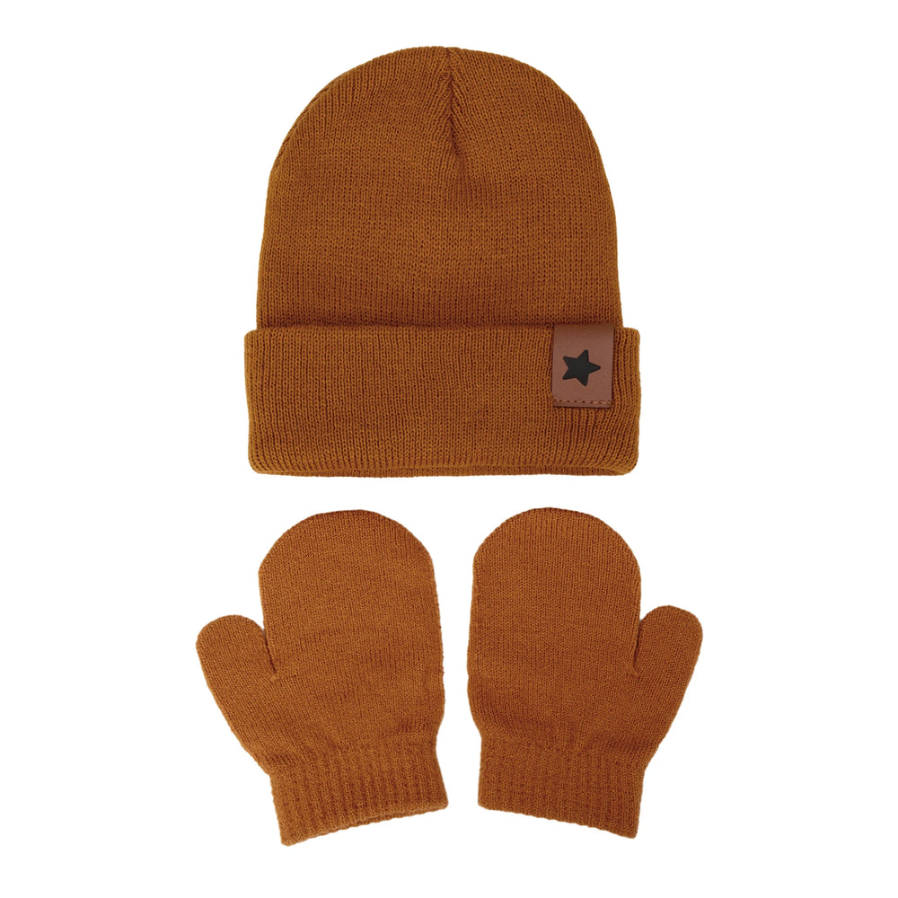 Baby Knitted Hat and Glove Set | Solid Winter Turban with Leather Star Tag close-up view
