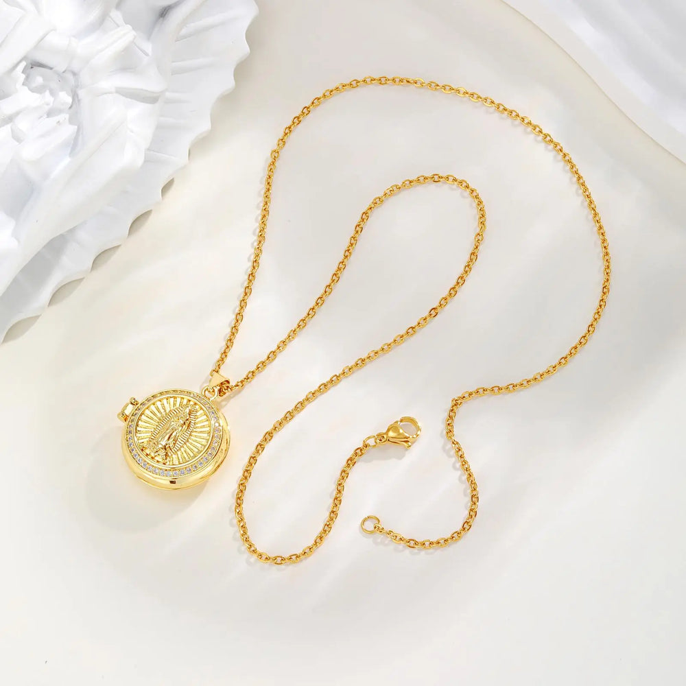 Round Zircon Virgin Mary Locked Pendant Necklace for Women, No Photo, Adjustable Link lifestyle view
