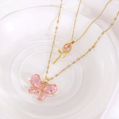 Elegant Pink Crystal Butterfly Necklace for Women High-End Zircon Flower Pendant Fashion detail view