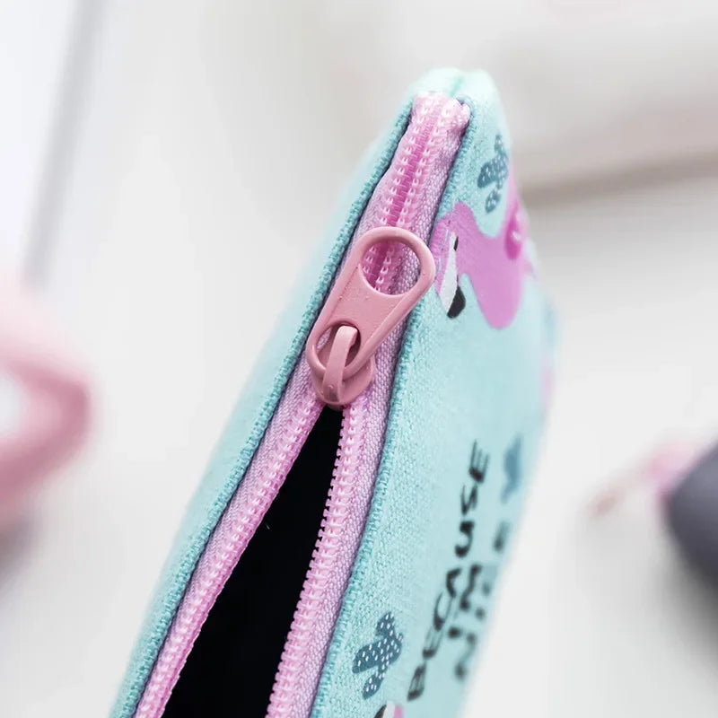 Korean Square Flamingo Coin Money Pouch | Small Canvas Zipper Wallet for Students close-up view