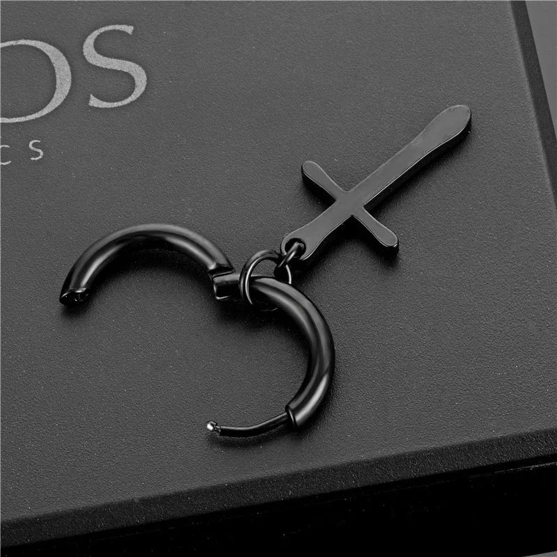 Black Stainless Steel Hoop Earrings with Cross Pendant | Unisex Punk Jewelry additional angle